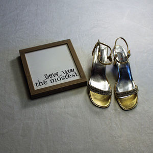 Gold 3 inch heel beaded sandal size 7.5